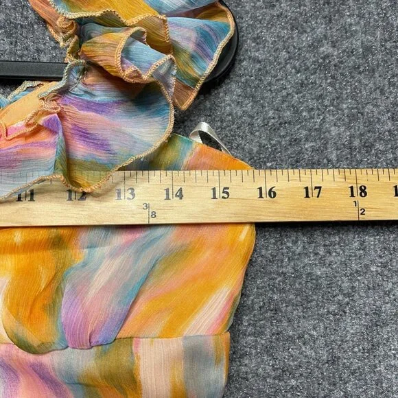 U & Me Womens A Line Dress Orange Abstract Short V Neck Sleeveless Ruffle M - Picture 6 of 7